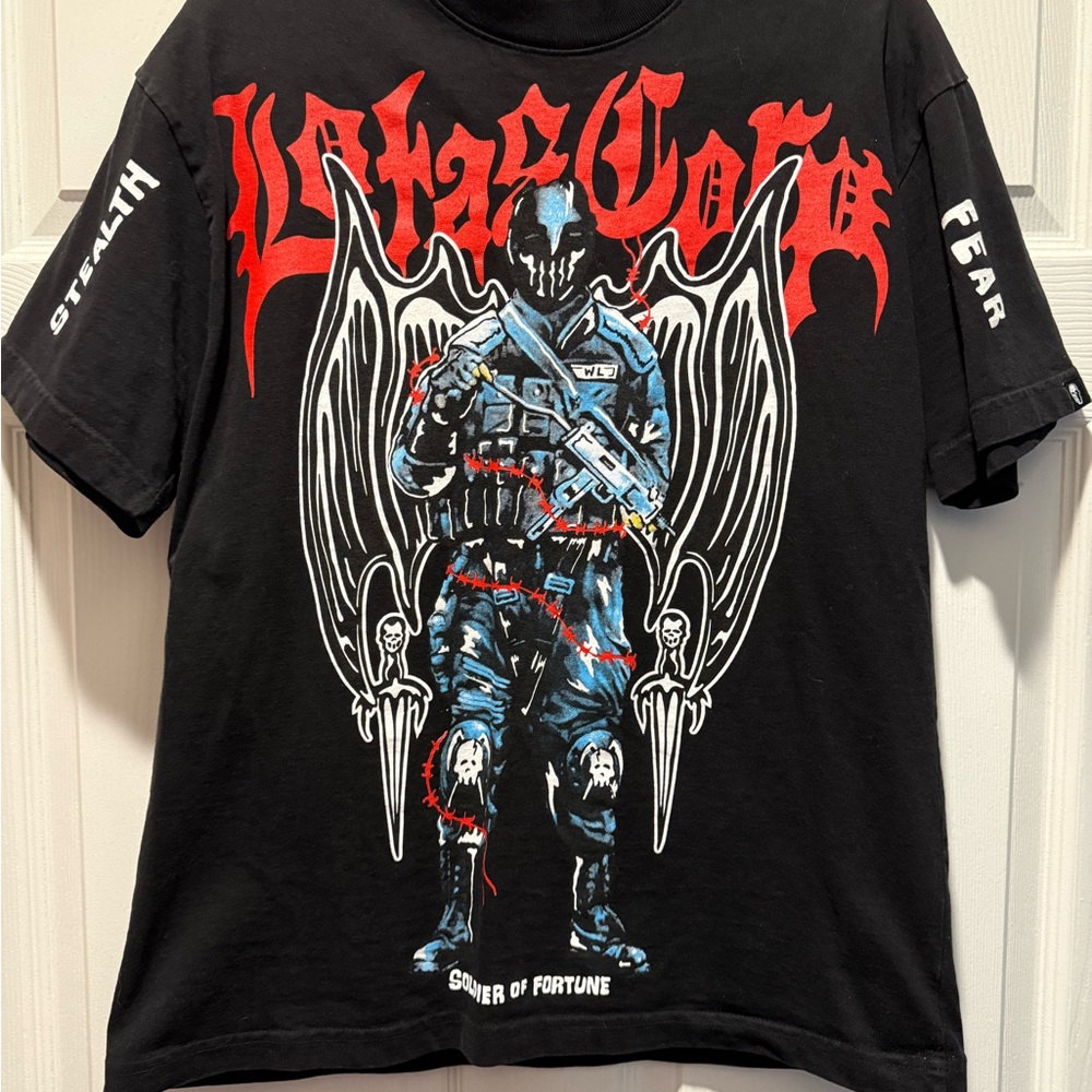 Black Graphic Tee with Red and White Design